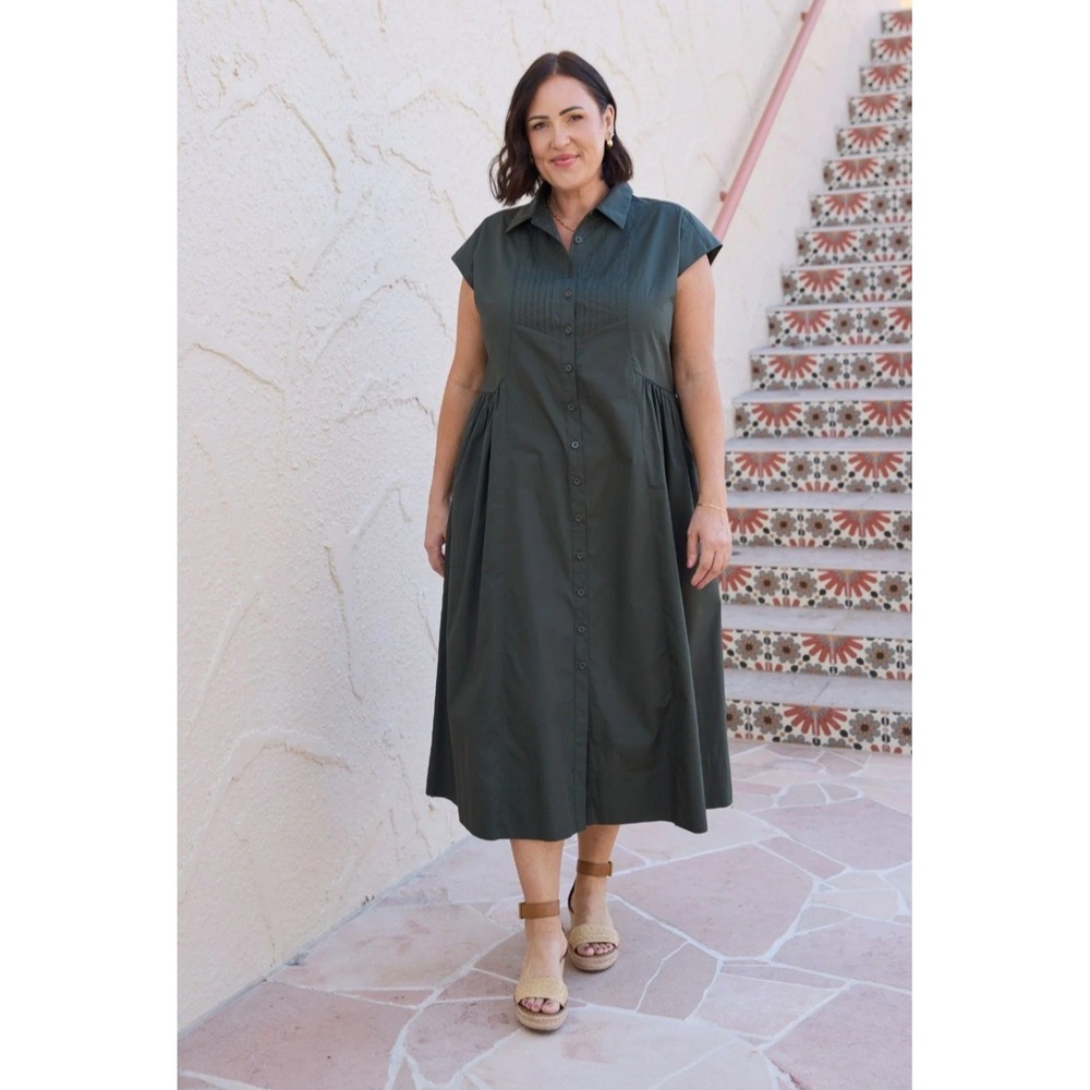 Maye Rita Shirtdress Dress Olive Green Pleated Gathered Waist size XS